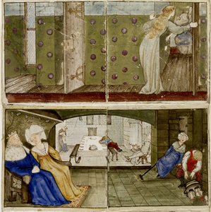 Ein Satz von sechzehn Fliesen, die paarweise angeordnet sind, um acht Illustrationen des 